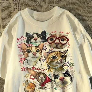 American Retro Fun Cartoon Cat Print Short-sleeved T-shirt Women's Summer Loose Top T-shirt Graphic T Shirts Women Clothing Y2K